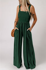 Solid Smocked Sleeveless Wide Leg Jumpsuit with Pockets