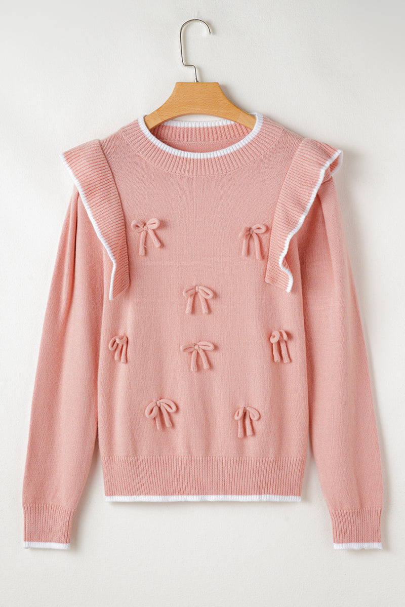 Ruffled Bowknot Ribbed Trim Long Sleeve Sweater