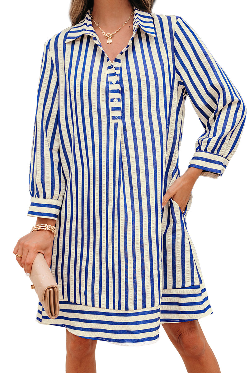 Stripe Collared Half Button Side Pockets Loose Fit Mini Dress