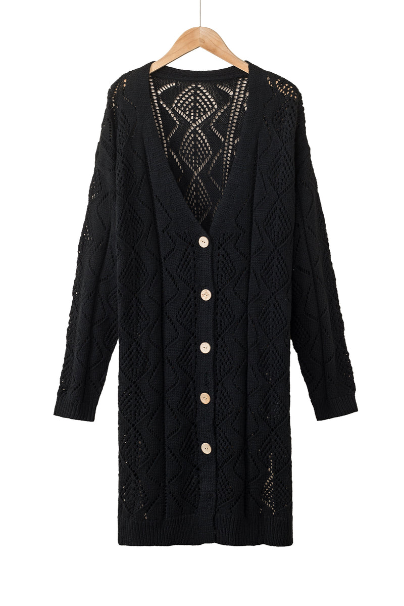 Solid Hollow-out Openwork Knit Cardigan