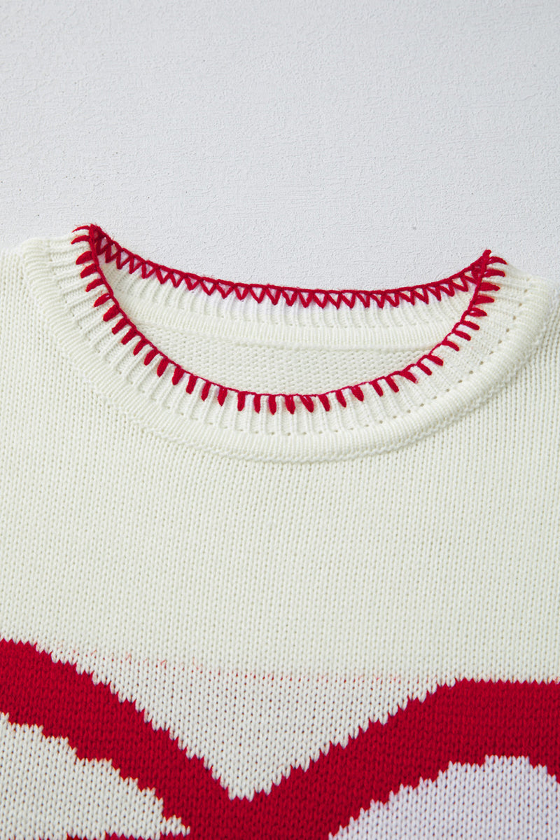 Bow Pattern Contrast Trim Christmas Loose Graphic Sweater