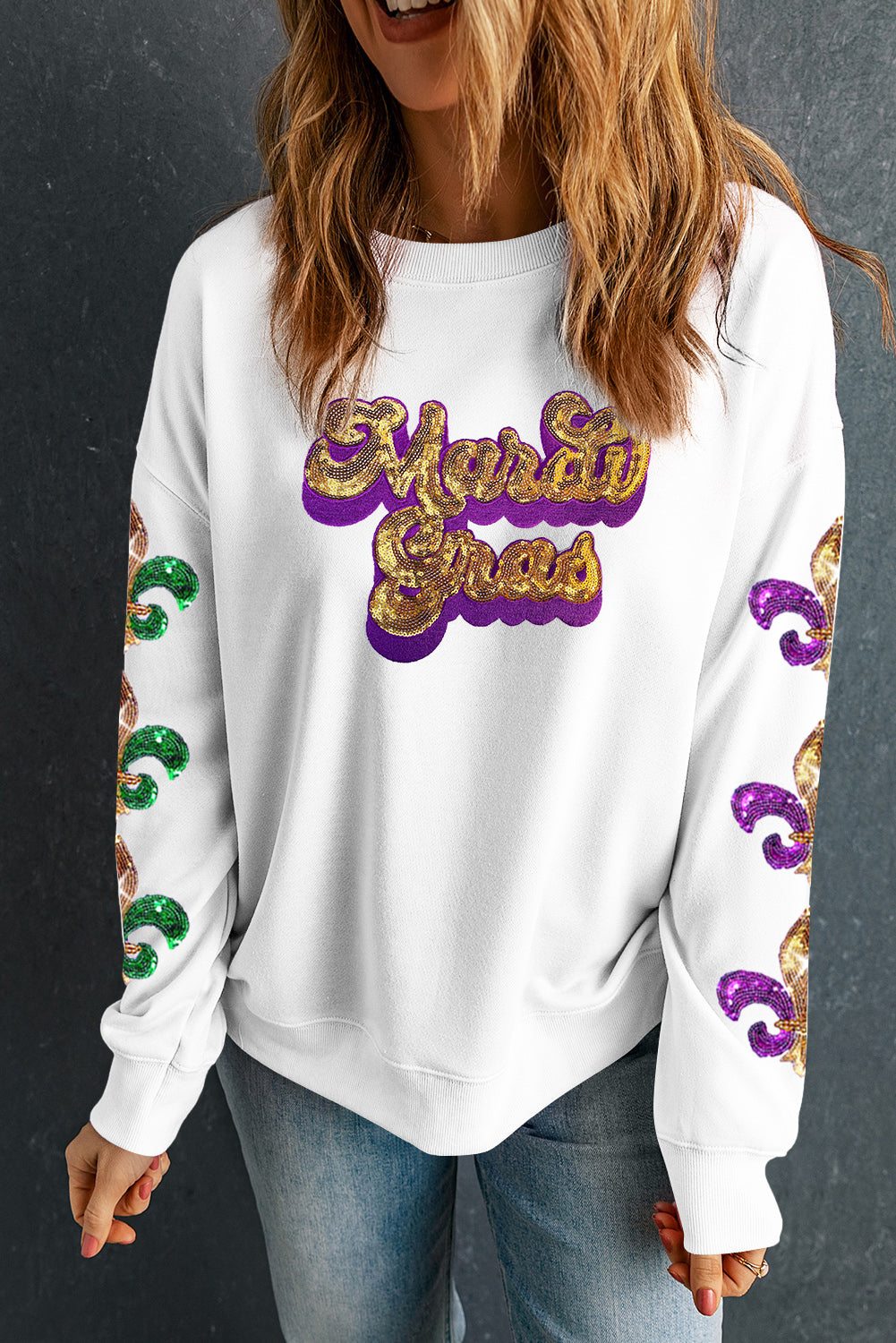 Sequin Mardi Gras Patched Pattern Fleur de Lis Sleeve Sweatshirt