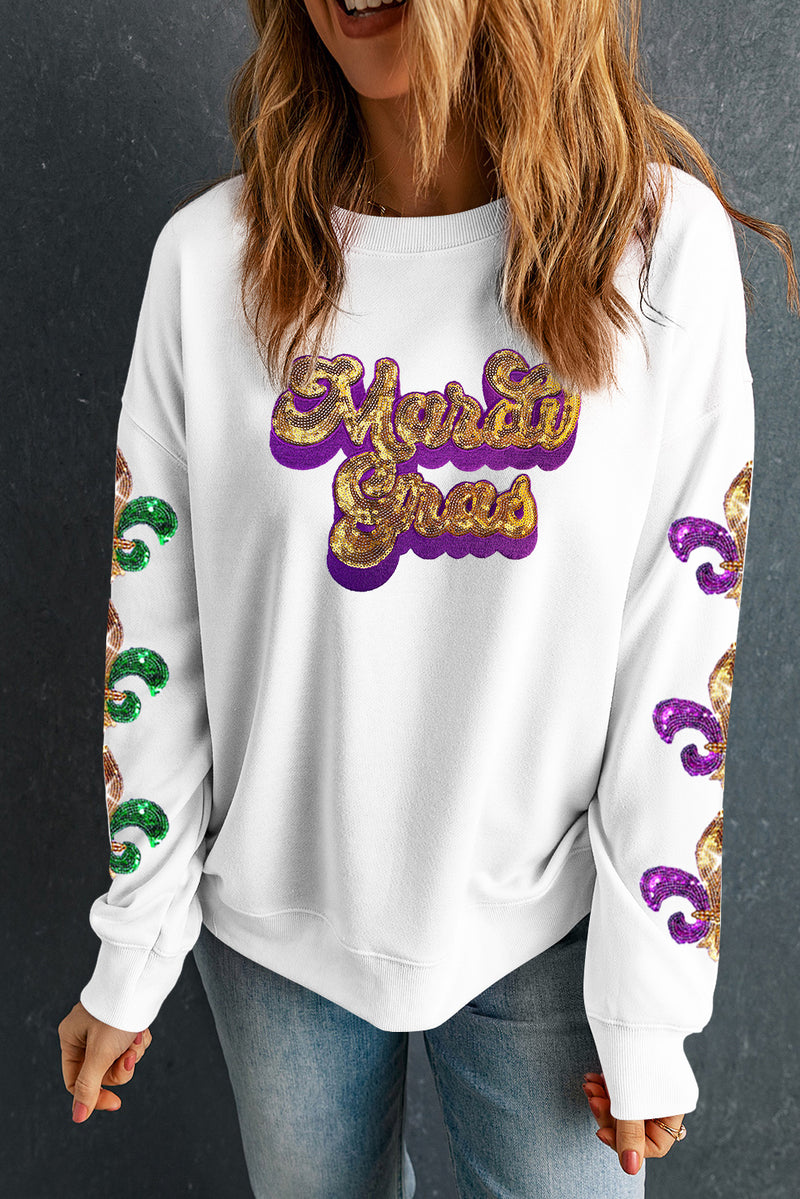 Sequin Mardi Gras Patched Pattern Fleur de Lis Sleeve Sweatshirt