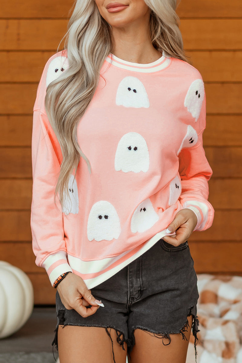 Halloween Terry Ghost Striped Trim Loose Sweatshirt