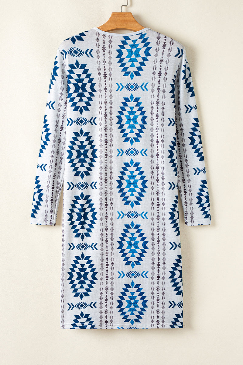 Western Aztec Printed Open Front Long Cardigan