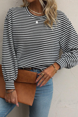 Solid Stripe Round Neck Drop Shoulder Long Sleeve Top