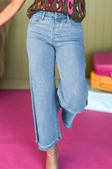 Acid Washed High Rise Cropped Wide Leg Jeans