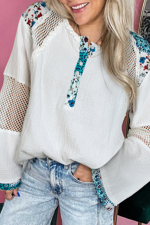 Plant Mesh Patched Color Block Half Button Blouse