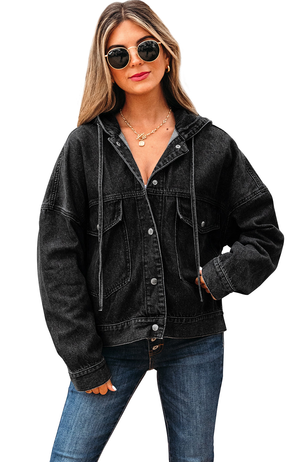 Big Chest Pocket Drop Shoulder Hooded Denim Jacket