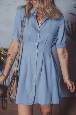 Denim Pleated Slim Waist Short Sleeve Shirt Dress