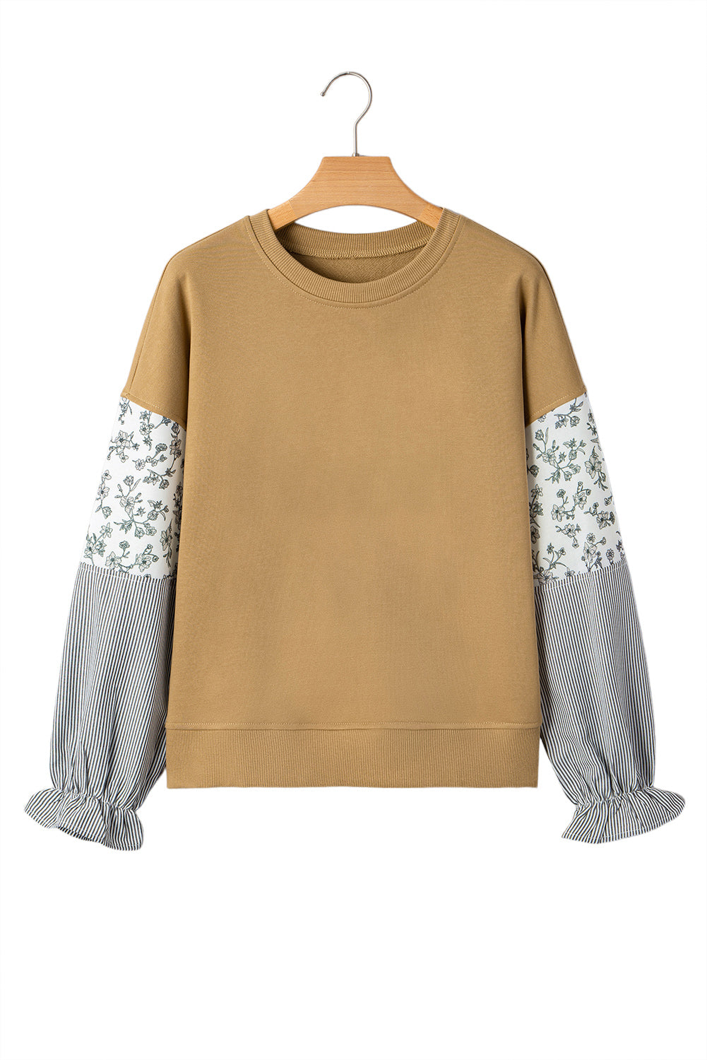 Floral Striped Patchwork Ruffled Sleeve Crew Neck Sweatshirt