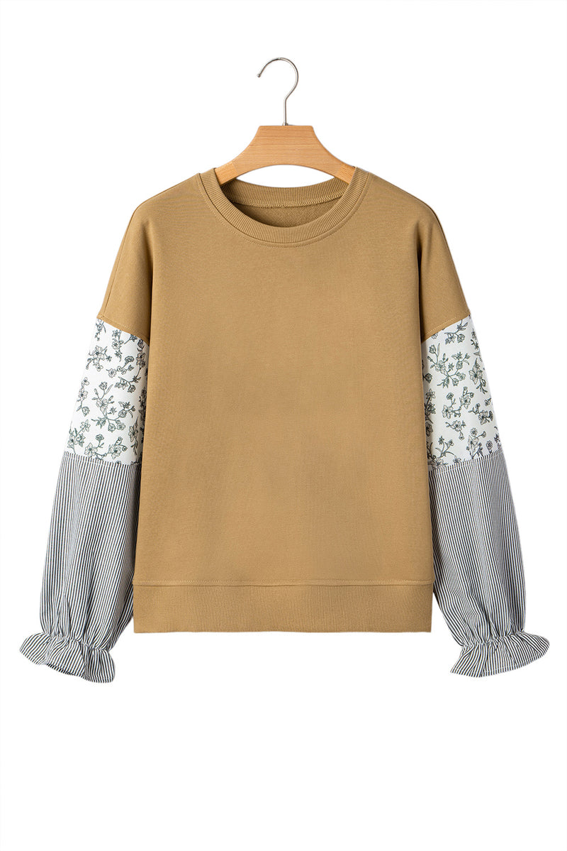 Floral Striped Patchwork Ruffled Sleeve Crew Neck Sweatshirt