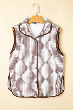 Stripe Snap Button Scalloped Hem Collared Winter Vest