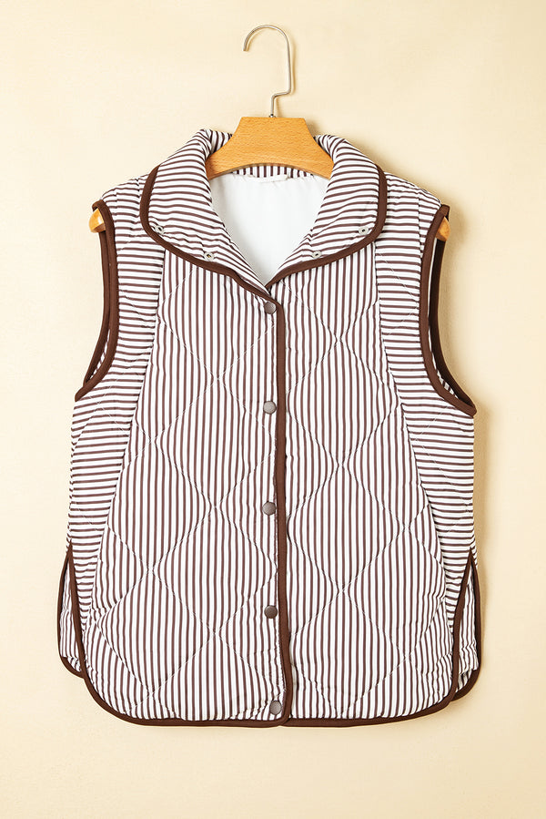 Stripe Snap Button Scalloped Hem Collared Winter Vest