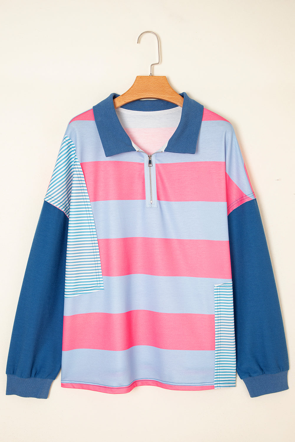 Sky Blue Stripe Colorblock Patchwork Zip up Plus Size Pullover