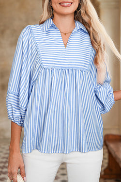 Stripe Shirt Collar V Neck Ricrac Trim 3/4 Puff Sleeve Blouse