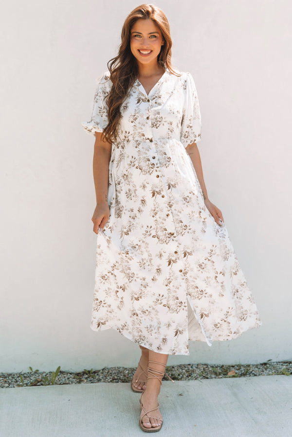 Floral Puff Sleeve V Neck Buttoned Front Maxi Dress