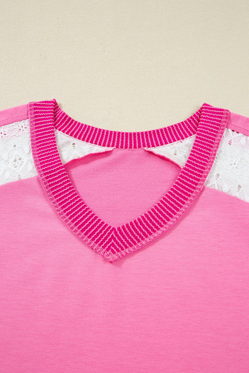 Lace Striped Patchwork Long Sleeve Corded V Neck Plus Size Top