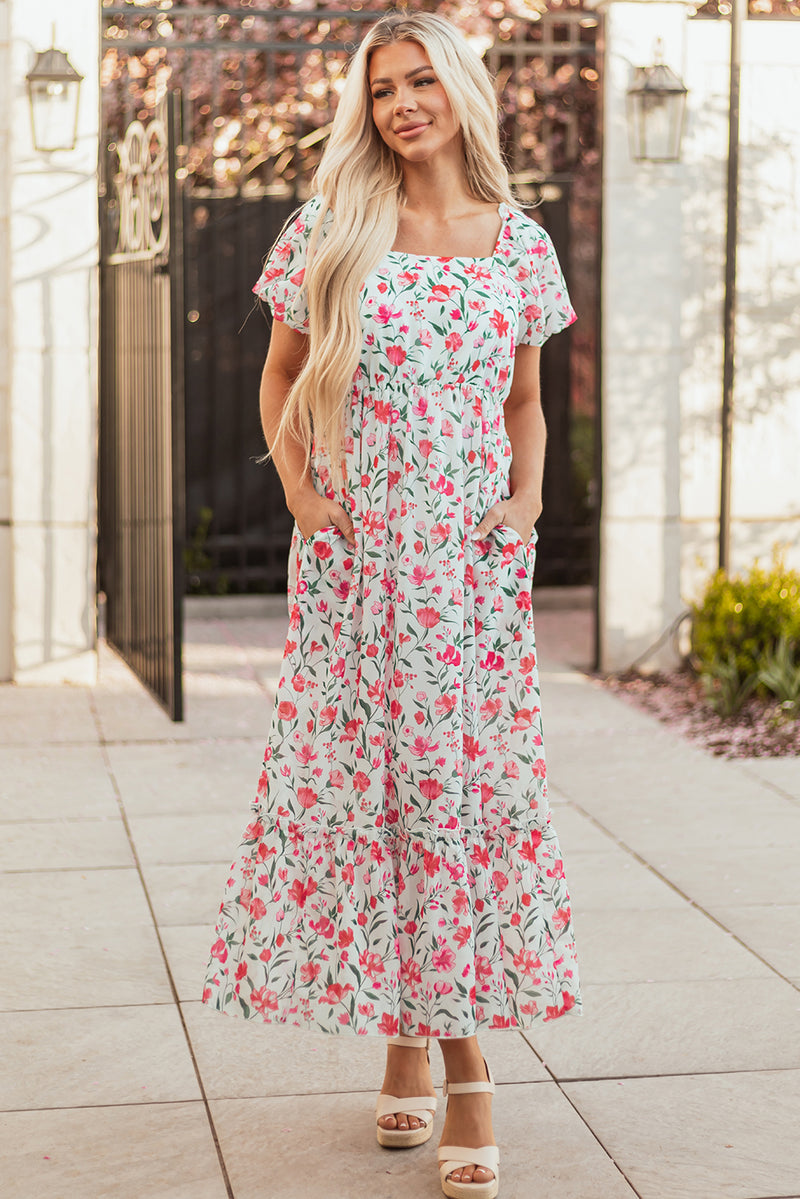 Floral Puff Sleeve Square Neck Empire Waist Tiered Maxi Dress