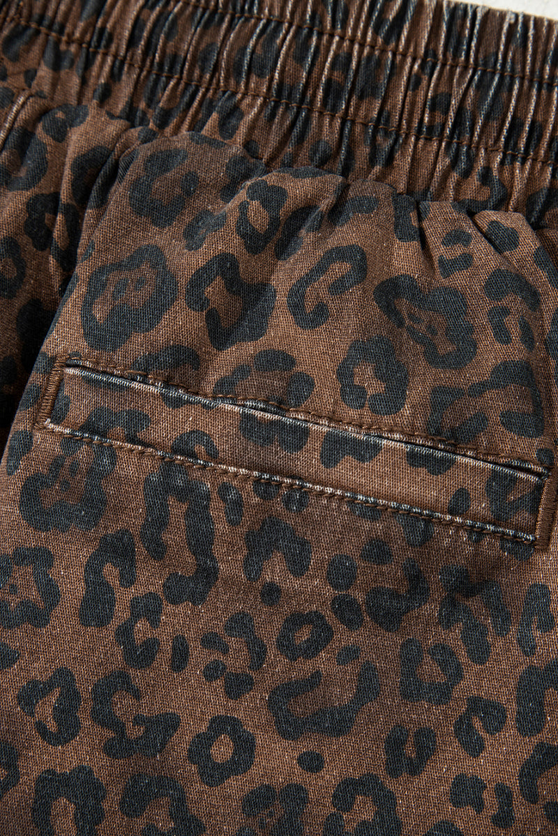 Leopard Print Elastic Waist Drawstring Denim Skort