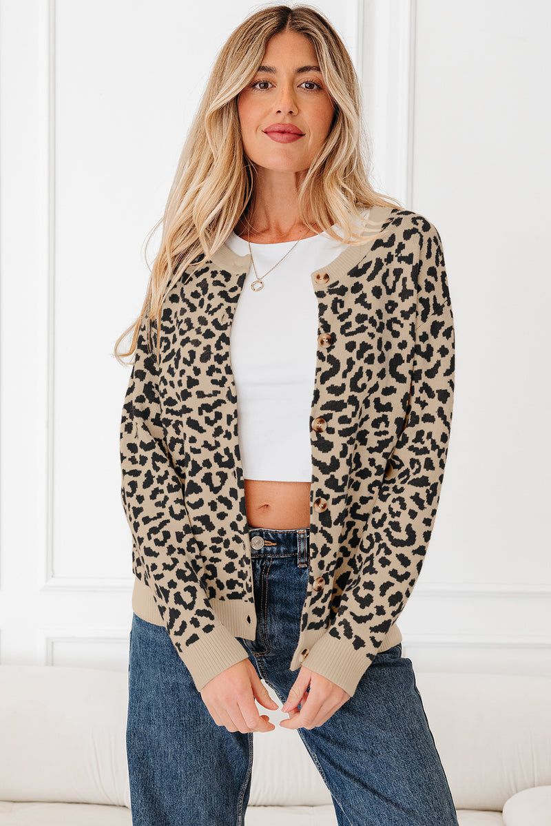 Leopard Drop Shoulder Chunky Knitted Cardigan Sweater