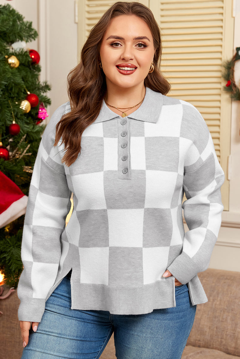 Plus Size Checkered Pattern Button Polo Collar Split Sweater