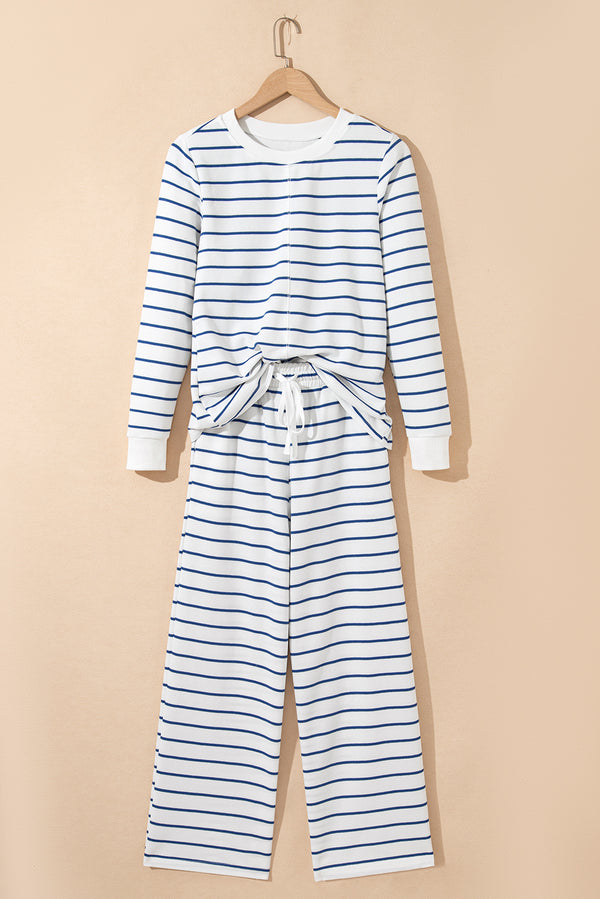 Striped Long Sleeve Top Drawstring Wide Leg Pants 2pcs Outfit