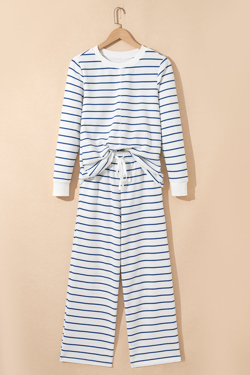 Striped Long Sleeve Top Drawstring Wide Leg Pants 2pcs Outfit
