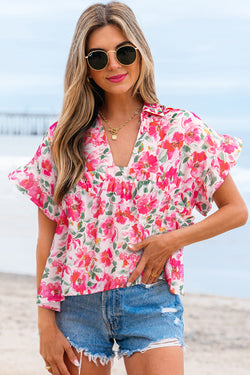 Floral Boxy Fit Ruffled Short Sleeve V Neck Blouse