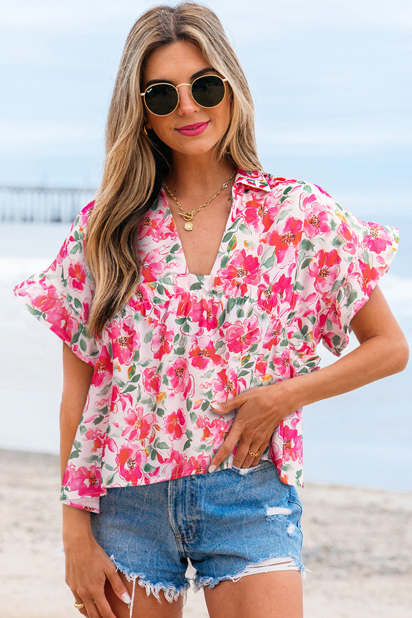 Floral Boxy Fit Ruffled Short Sleeve V Neck Blouse