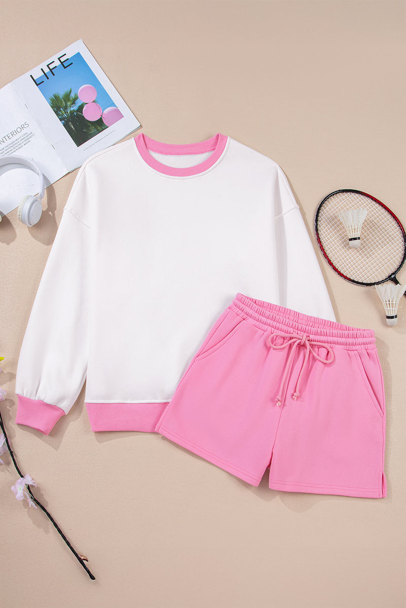 Color Block Pullover and Lace-up Elastic Waist Shorts Set