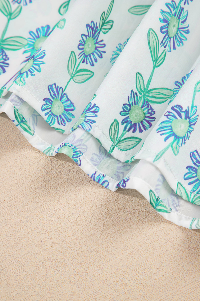 Floral Print Striped Detail Contrast V Neck Patchwork Flutter Sleeve Blouse