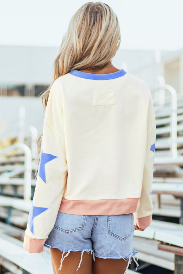Game Day Graphic Starry Patched Sleeve Contrast Trim Casual Sweatshirt