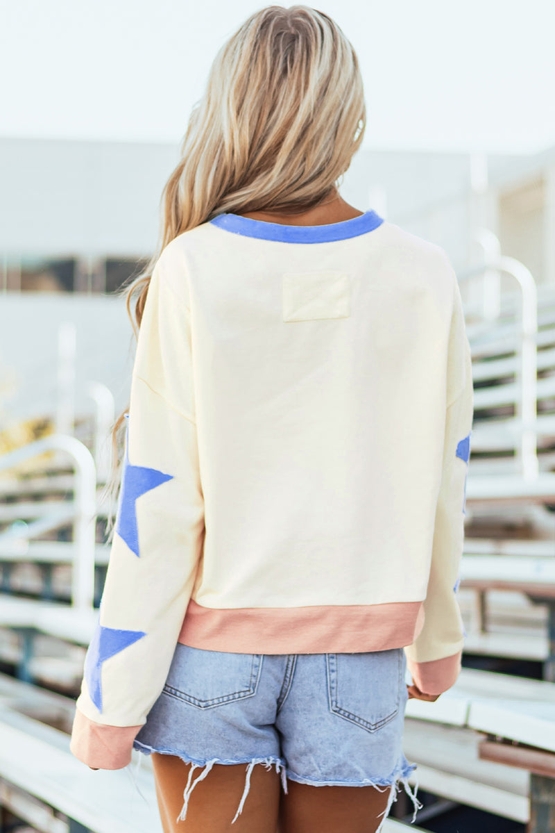 Game Day Graphic Starry Patched Sleeve Contrast Trim Casual Sweatshirt