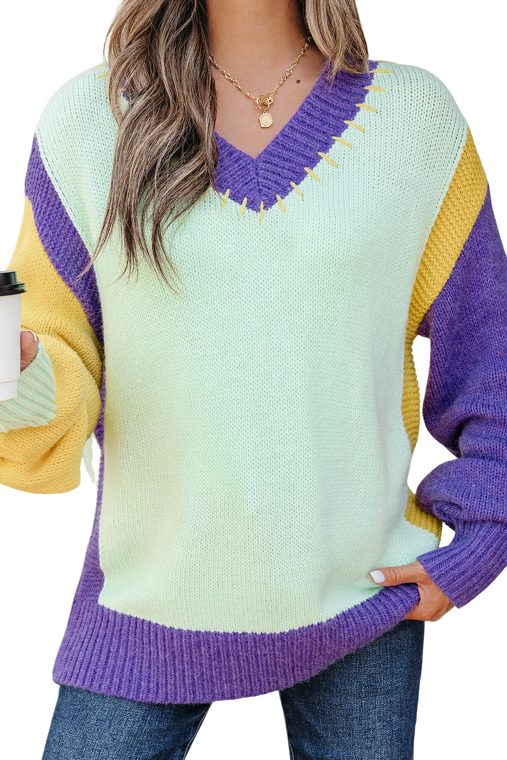 Stitched V Neck Color Block Knitted Drop Shoulder Sweater