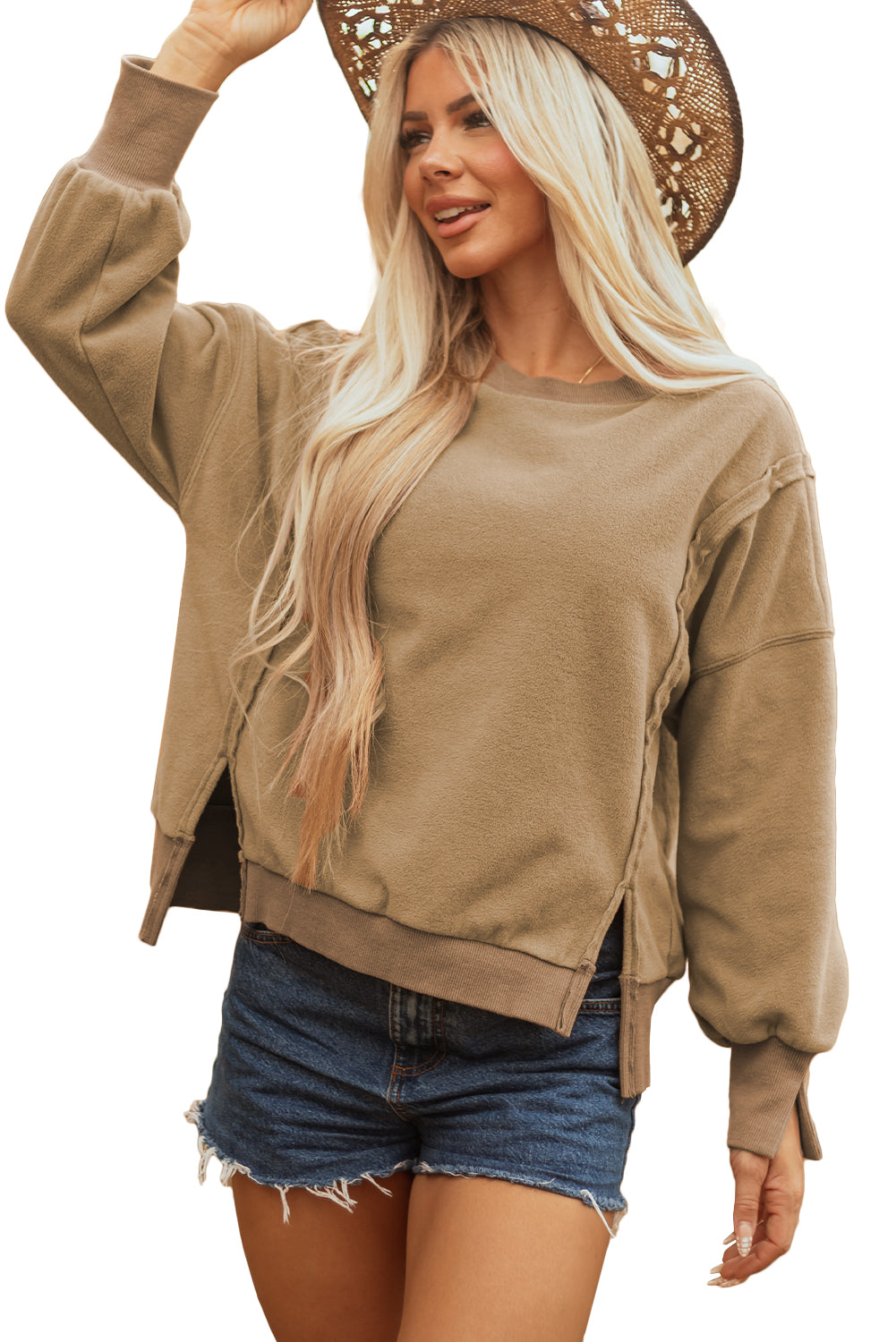 Fuzzy Sherpa Splicing Pullover Sweatshirt with Side Slit