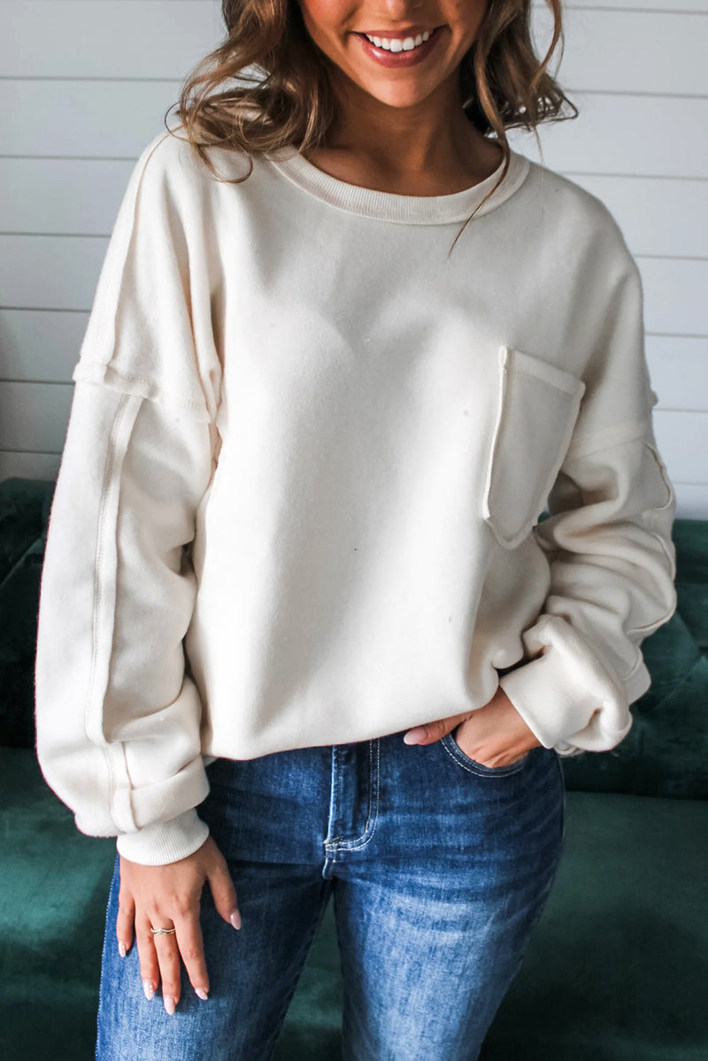 Exposed Seam Chest Pocket Knit Pullover Sweatshirt
