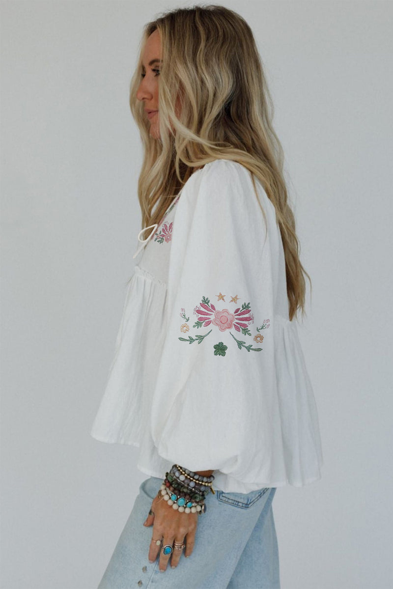 Flower Lace-up V Neck Babydoll Blouse