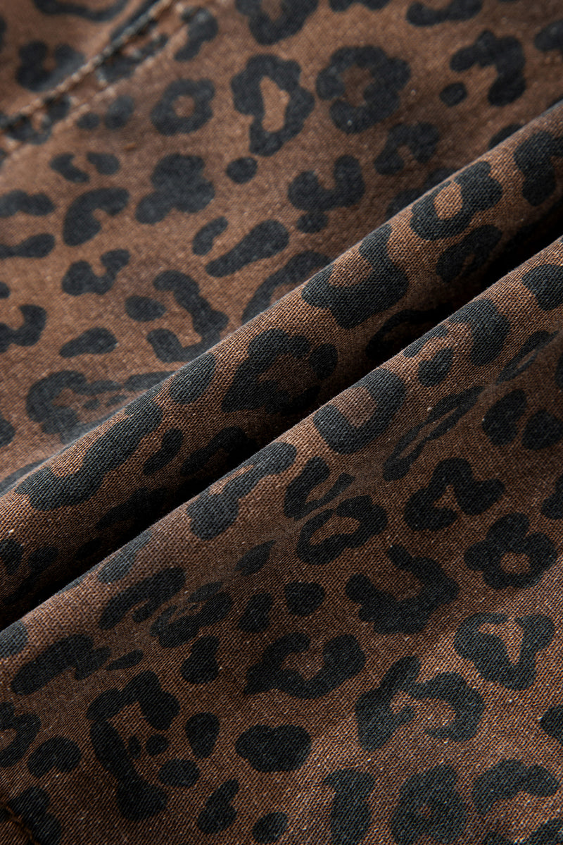 Leopard Print Elastic Waist Drawstring Denim Skort