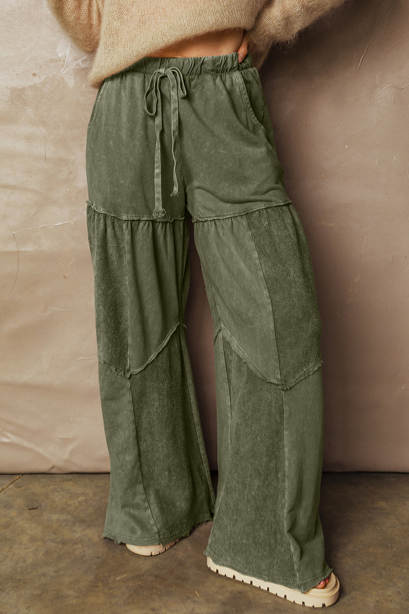 Mineral Wash Tiered Wide Leg Patchwork Drawstring Pants