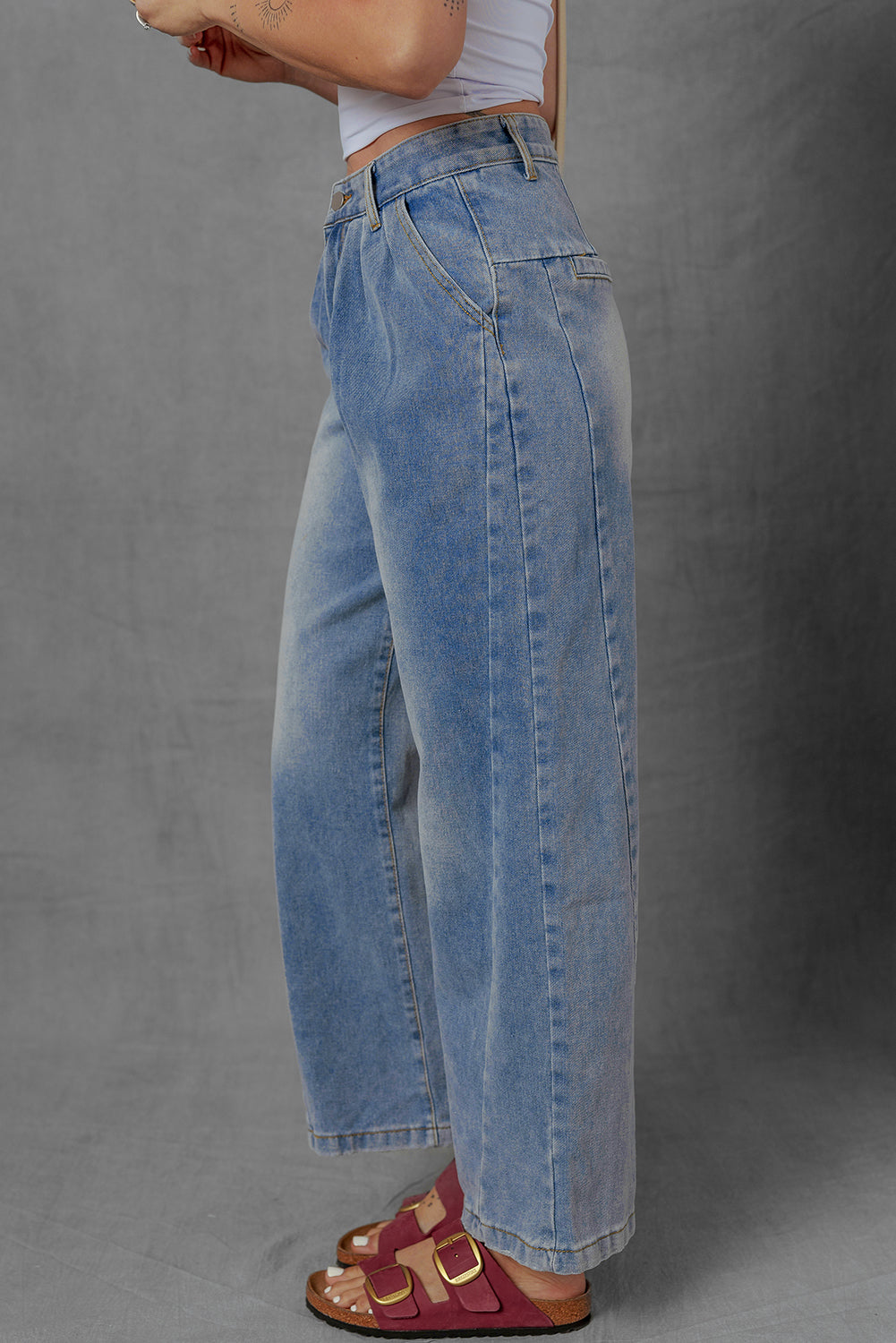 Washed Pleated Detail Wide Leg Jeans