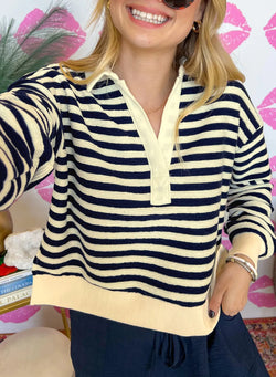 Stripe Collared V Neck Long Sleeve Casual Top