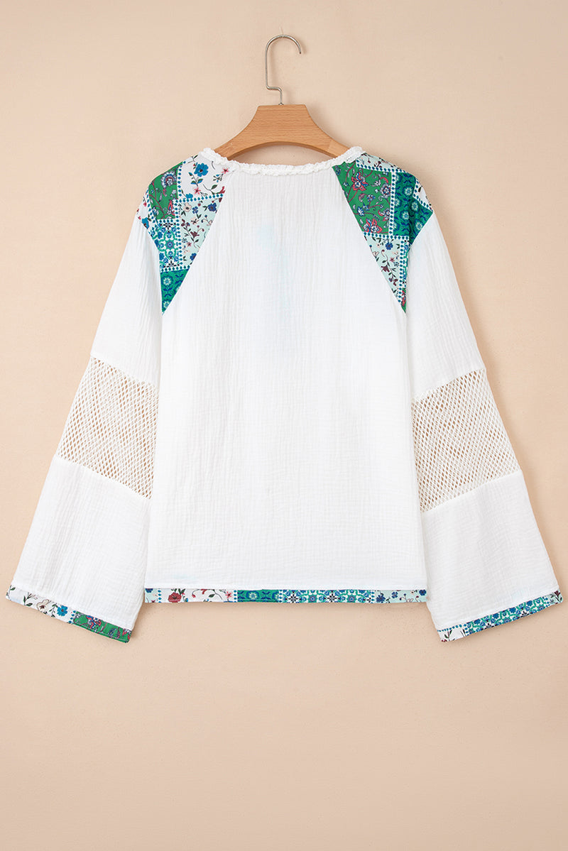 Plant Mesh Patched Color Block Half Button Blouse