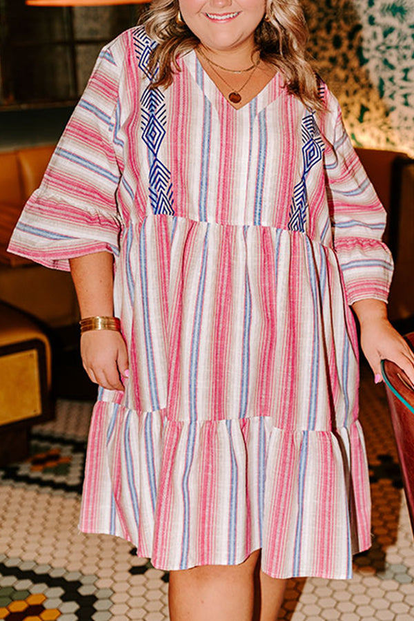 Stripe Plus Size Embroidered Detail Flared 3/4 Sleeve V Neck Dress