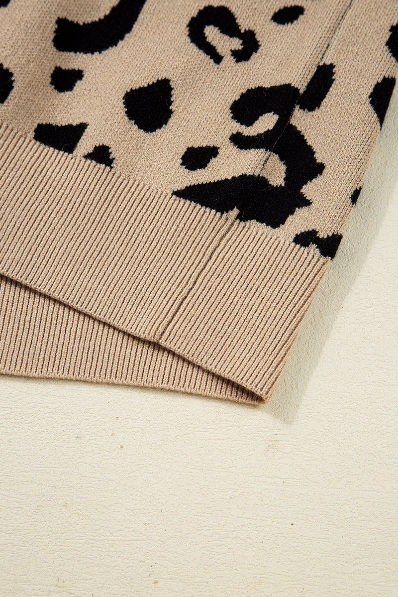 Leopard Pattern Lace Ribbed Detail Button Cuffed Sweater
