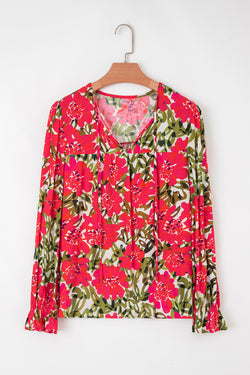 Floral Print Lace up V Neck Flounce Sleeve Blouse