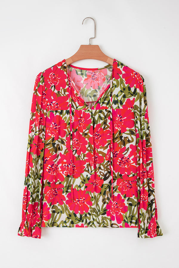 Floral Print Lace up V Neck Flounce Sleeve Blouse