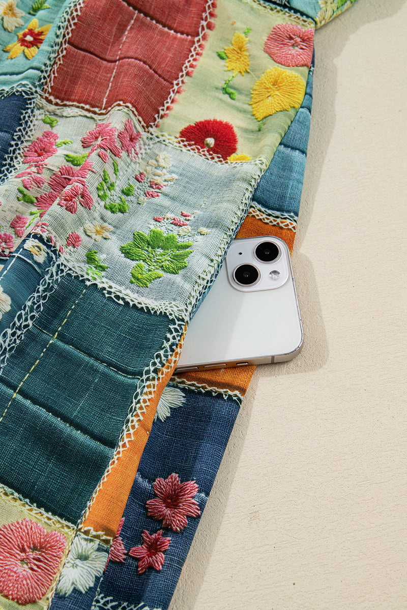 Multicolour Mix Floral Checkered Pattern Bubble Sleeve Ruffle Hem Dress