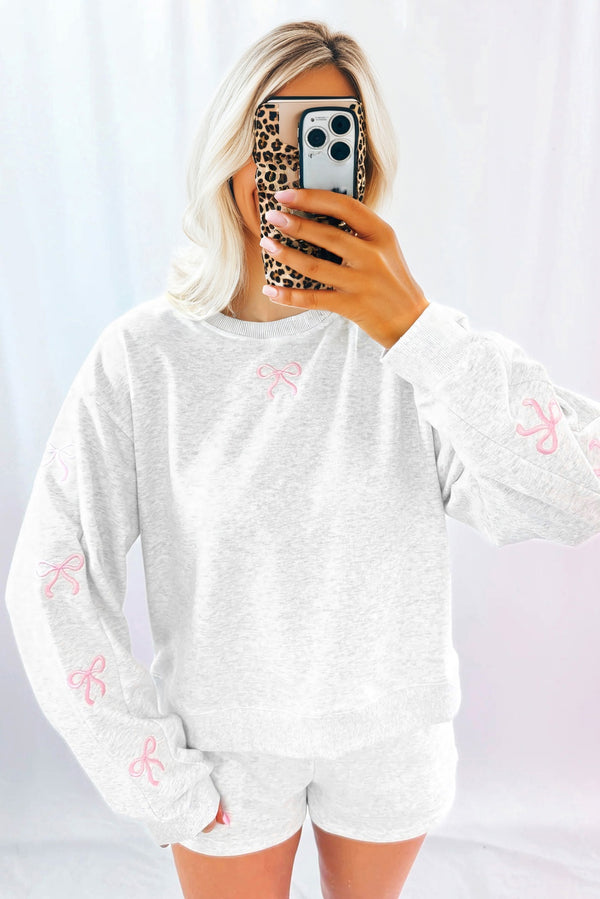 Girly Bow Embroidered Detail Puff Sleeve Pullover 2pcs Short Set