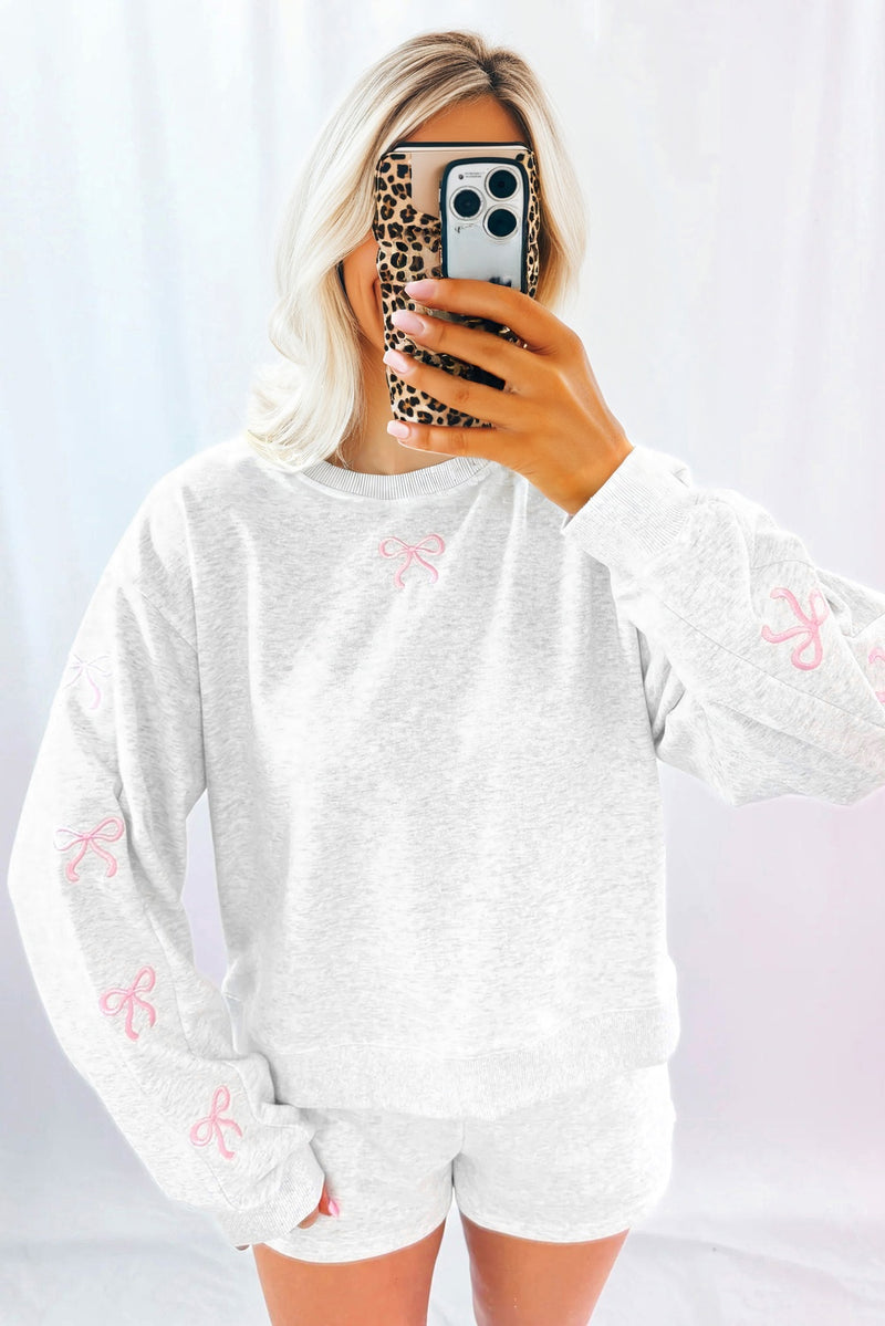 Girly Bow Embroidered Detail Puff Sleeve Pullover 2pcs Short Set